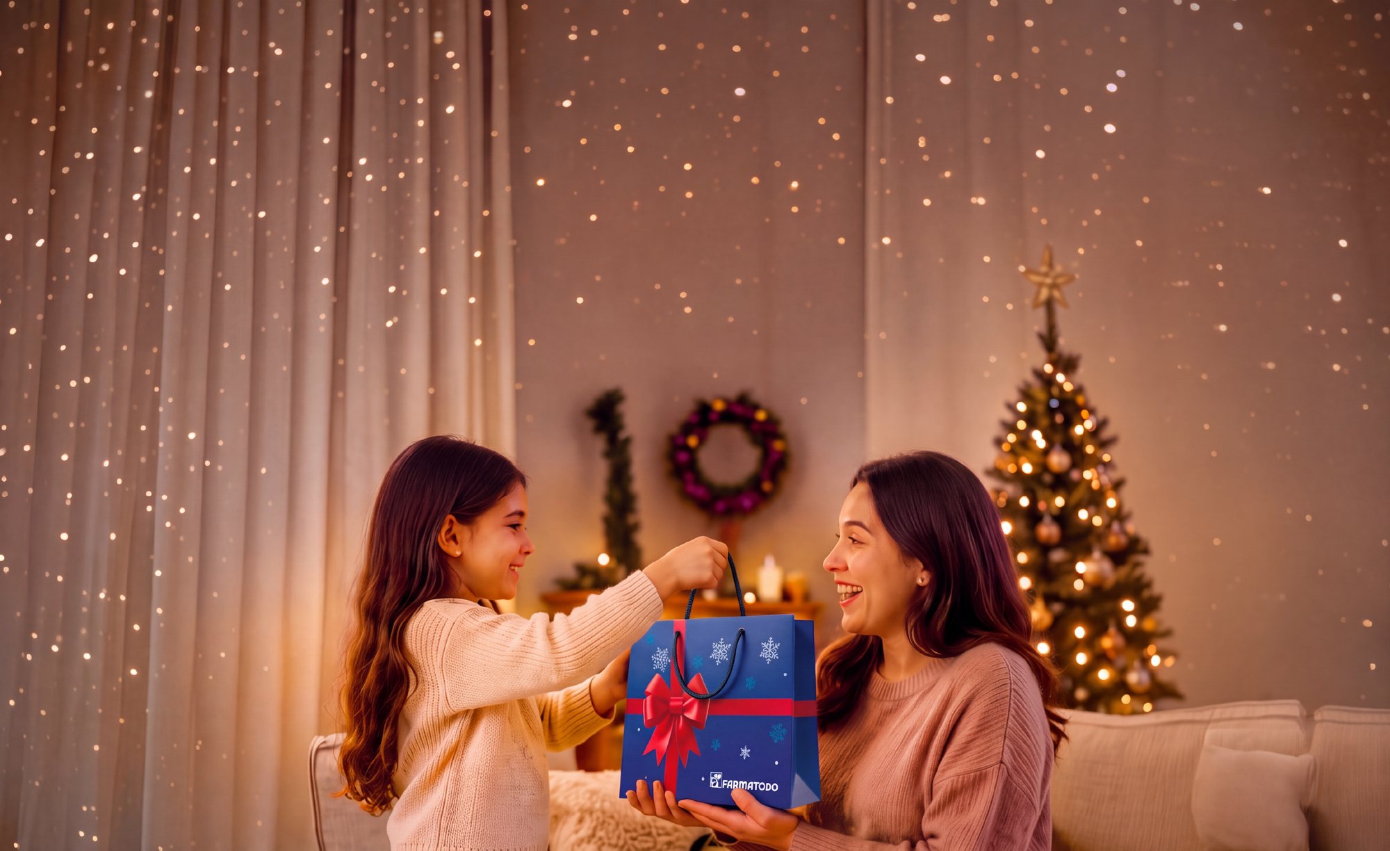 Una niña le entrega a su mamá una bolsa de regalo Farmatodo frente al árbol
